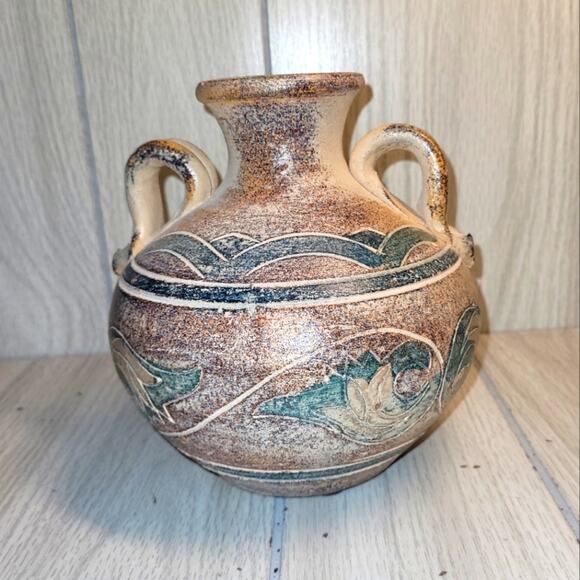 Vtg Hand Thrown Pottery Jug Rustic Ceramic Vase Double Loop Handle - Picture 1 of 6